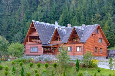 orman içinde ahşap kulübe.