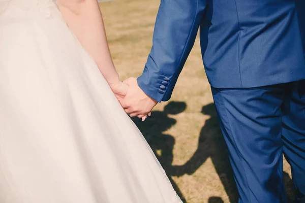 Casamento casal de mãos dadas. Visão traseira — Fotografia de Stock
