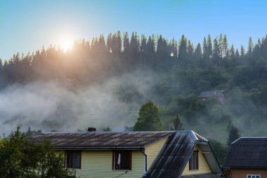 Ormanda bir dağ köyünde sis