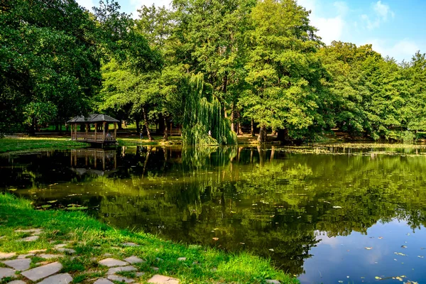 Swiss Lake in the park of Schonborn Castle in the Carpathians, Ukraine. The source of youth and beauty with healing water — Stock Photo, Image