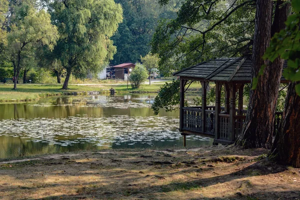 Schweizer See im Park von Schloss Schonborn in den Karpaten, Ukraine. die Quelle der Jugend und Schönheit mit Heilwasser — Stockfoto