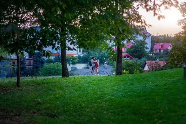 Para Zakochanych Przytulających Się Zboczu Parku Miejskiego — Zdjęcie stockowe