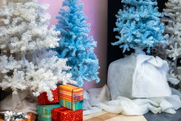 Weihnachtsbäume Von Weißer Und Blauer Farbe Mit Geschenken — Stockfoto