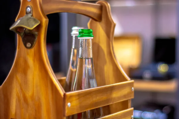 Water Bottle Wooden Portable Box Shallow Depth Field — Stock Photo, Image