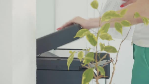 Close-up of woman using photocopier for document copying at office — Stock Video