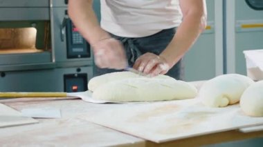 Profesyonel baker çiğ ekmek tarafından ticari mutfak özel kürek fırına koyar. Erkek Şef ekmek, yakın çekim hazırlanıyor. Gıda Sanayi kavramı.