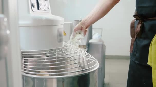 Máquina mezcladora de masa industrial amasando masa para pan, primer plano — Vídeo de stock