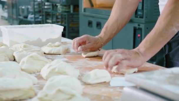 Professional baker is forming pieces of dough in bakery commercial kitchen. — Stock Video