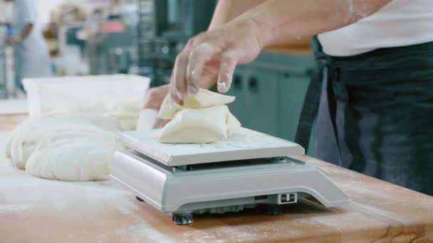 Professional baker divides the dough into portions and weights them — Stock Video