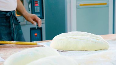 Çiğ ekmek fırıncı ticari mutfak at fırına koyar önce küreği