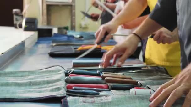 Un grupo de chefs afilan cuchillos. Cocinas se prepara para la clase magistral — Vídeos de Stock