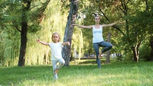 Mother and her little cute daughter doing yoga exercise together — Stock Video