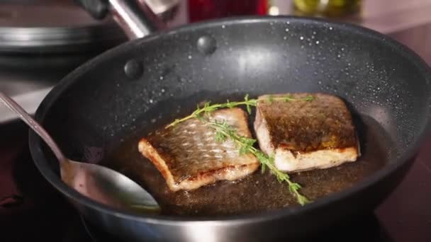 Gebratener Fisch, zwei Stücke Lobanfilet auf der dampfenden Pfanne. — Stockvideo