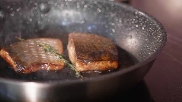 Pesce fritto in padella, due pezzi di filetto di lobo sulla padella fumante . — Video Stock