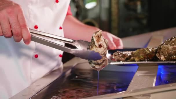 Chef che tira fuori le conchiglie dall'acquario del ristorante di pesce, primo piano . — Video Stock