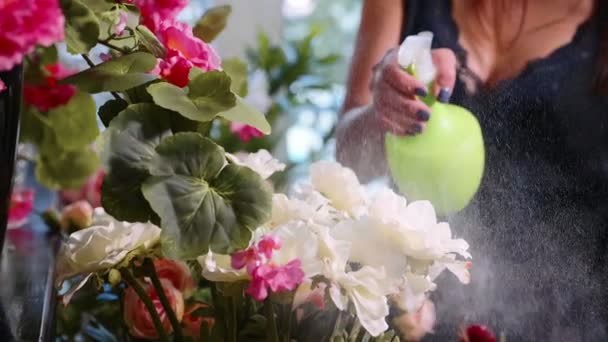 Floristería femenina joven rociando agua en ramo de flores en floristería, primer plano — Vídeos de Stock