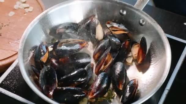 Chef met des moules sur siffler poêle à frire avec de l'huile et de l'ail . — Video