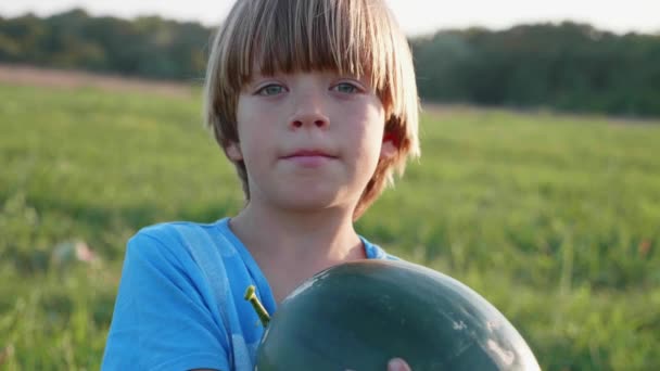 Portrait of farmers son with whole watermelon at field of farm. — Stock Video