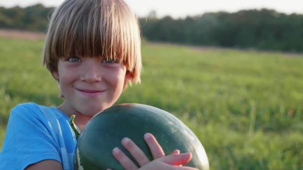 Portret van boeren zoon met hele watermeloen op gebied van boerderij. — Stockvideo