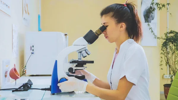 Weterynaryjnego pracownika przy użyciu mikroskopu do badania próbki krwi zwierząt — Zdjęcie stockowe
