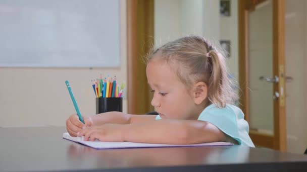 Kleines Süßes Mädchen Mit Lustigen Schwänzen Sitzt Klassenzimmer Und Schreibt — Stockvideo