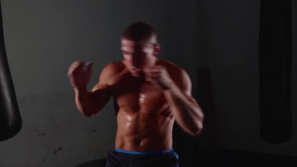 Hombre musculoso boxeador en topless ejercicio de boxeo sombra . — Vídeos de Stock