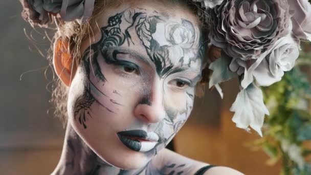 Halloween face art. Portrait of beautiful woman with halloween make up — Stock Video