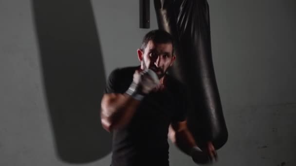 Boxeador barbudo masculino ejercitando el boxeo en la sombra . — Vídeos de Stock