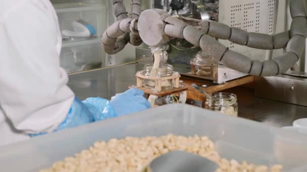 Nut butter factory - phase filling. Nut cream puts into glass jars, close-up — Stock Video