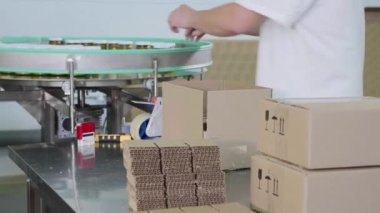 Gıda Fabrikası'nda karton kutu içine cam kavanoz pesto sos ile çalışan paketleri