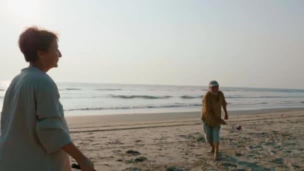 Aktiv senior par spela tai chi ballon boll på stranden. — Stockvideo