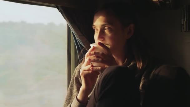 Giovani donne che bevono acqua mentre guardando fuori di una finestra treno asiatico — Video Stock