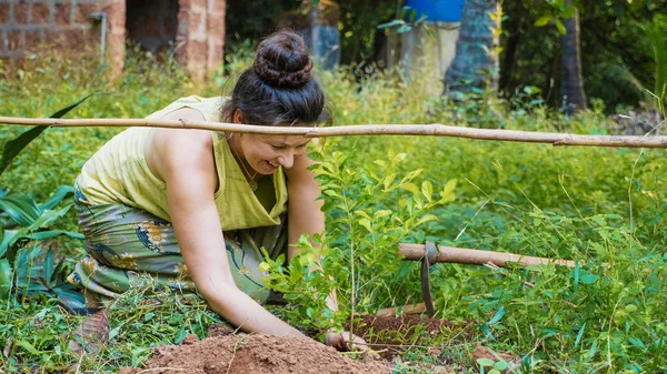 Mujer plantando un brote de flores en el suelo en el jardín — Foto de Stock