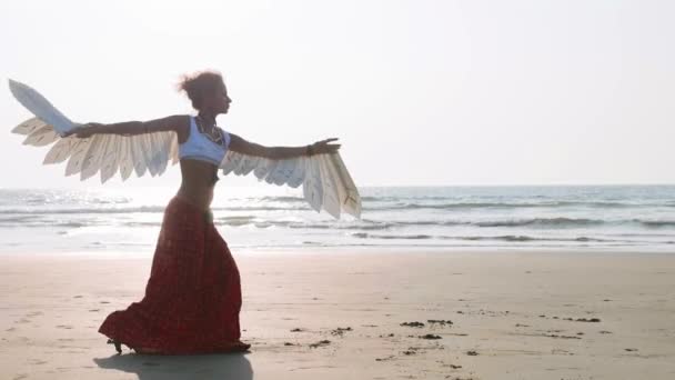 Jeune fille aux ailes d'ange dansant au coucher du soleil — Video