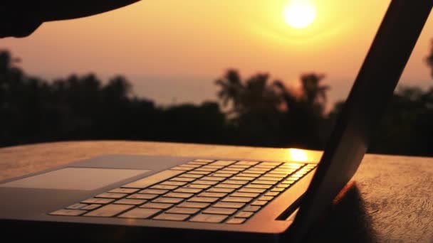 Närbild av silhouette manliga händer öppna laptop och arbetet påbörjas — Stockvideo