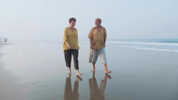 Seniorpaar geht am Strand spazieren und spricht, Steadicam-Aufnahme — Stockvideo