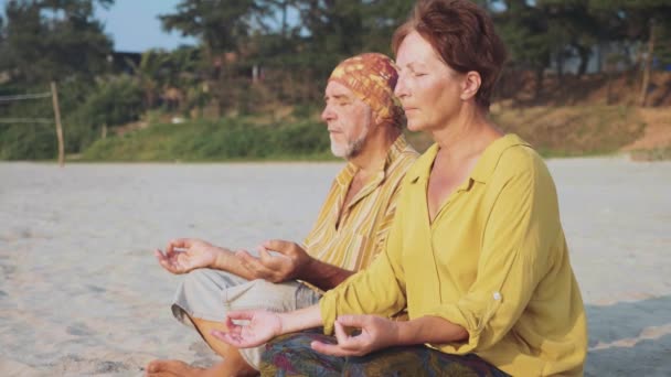 Pareja mayor se sienta y medita juntos en la playa de arena — Vídeos de Stock