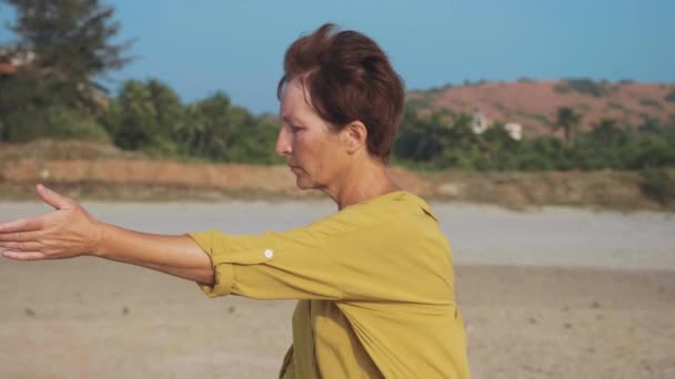 Senior Kvinna praktisera taiji gymnastiska utomhus i slow motion — Stockvideo