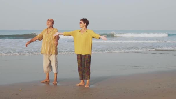 Coppia di anziani che pratica yoga sulla spiaggia . — Video Stock