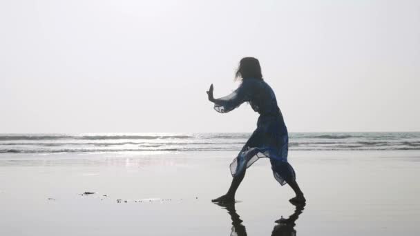 Silhouette einer jungen Frau, die mit Turnelementen am Sandstrand tanzt — Stockvideo