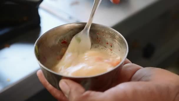 Cocine prepara una tortilla de masala en un tazón de metal pequeño, mezcla los huevos con un tenedor . — Vídeos de Stock