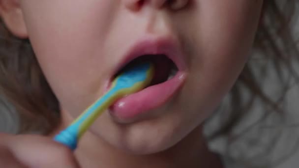 Close-up mouth of little child girl is brushing her teeth with toothbrush. — Stock Video