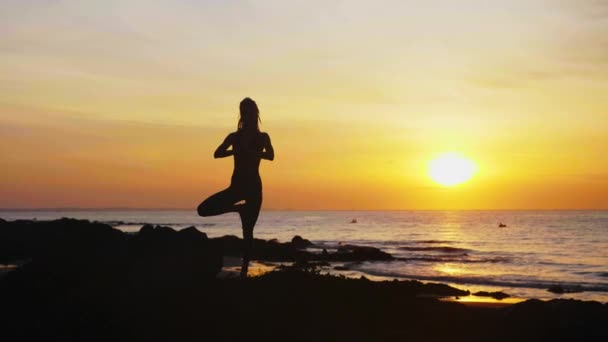 Young woman in tree pose with hands in namaste on ocean beach at sunset. — 비디오
