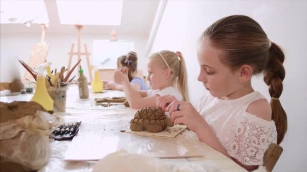 Lezione in laboratorio d'arte alla scuola elementare. I bambini stanno modellando giocattoli di argilla — Video Stock