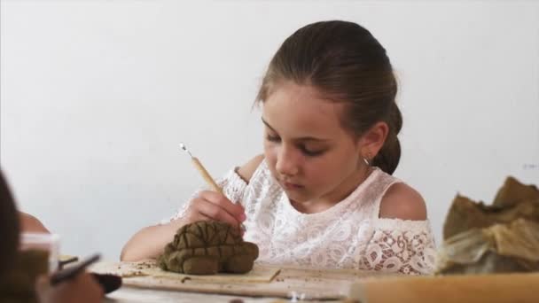 Retrato de niña está modelando juguetes de arcilla — Vídeo de stock