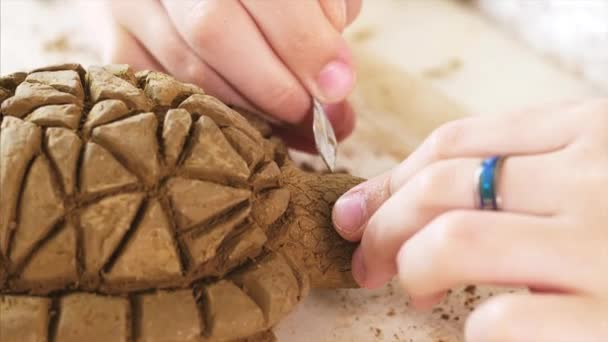 Dítě škrábe strukturu vah na ručně vyráběné želvě z hlíny — Stock video