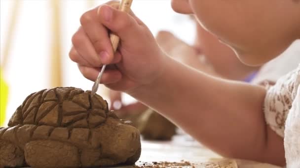 Child is scratching the texture of the scales on handmade turtle toy from clay — Stock Video