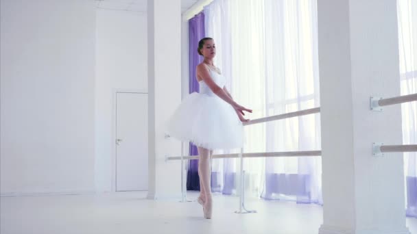 Jonge ballerina is het trainen van ballet element in de buurt van de barre stand in dans klasse. — Stockvideo