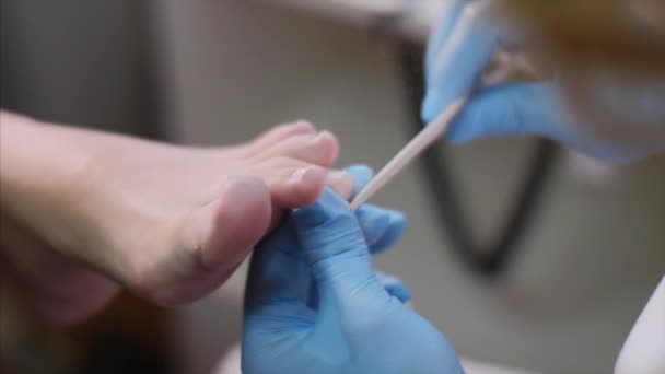 Pedikurist modeluje nehty na klientech v prstech s hřebíky v salonu krásy. — Stock video