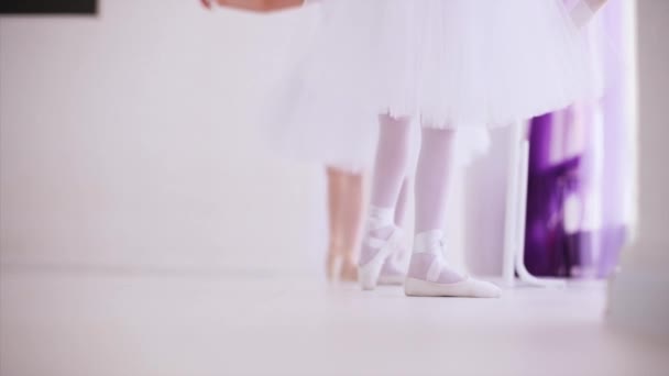 Ballerinas repeat after the teacher exercises for the legs near barre stand. — Stock Video